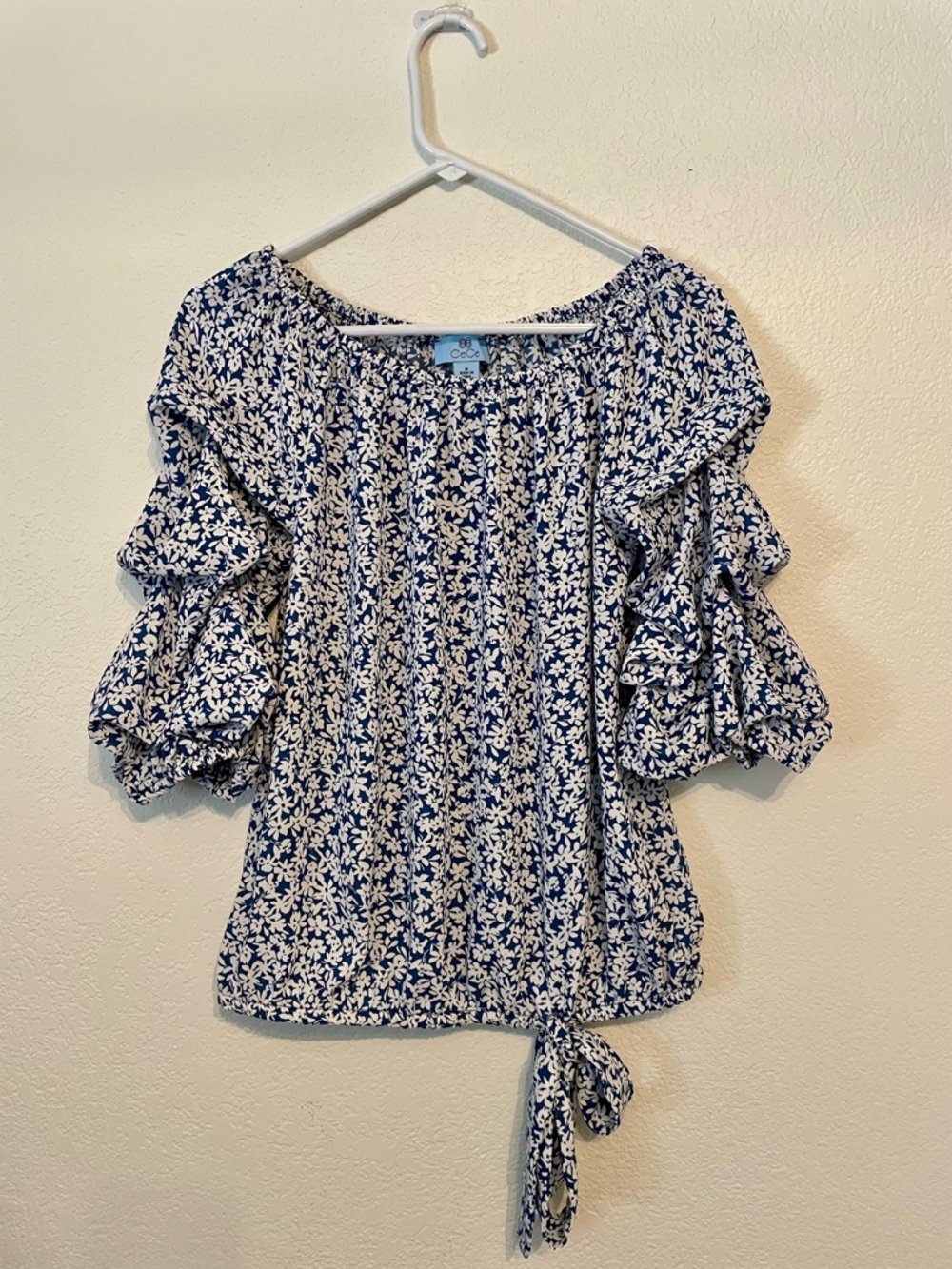 CeCe Blue and White Off shoulder Floral Tie-Front Ruffle Sleeve Blouse